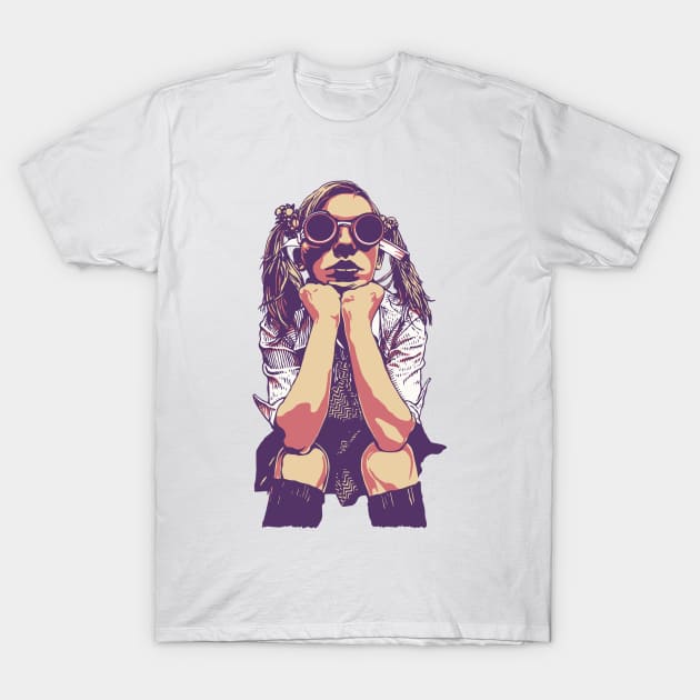 Cyberpunk Hipster Steampunk School Girl in Pigtails T-Shirt by extrinsiceye